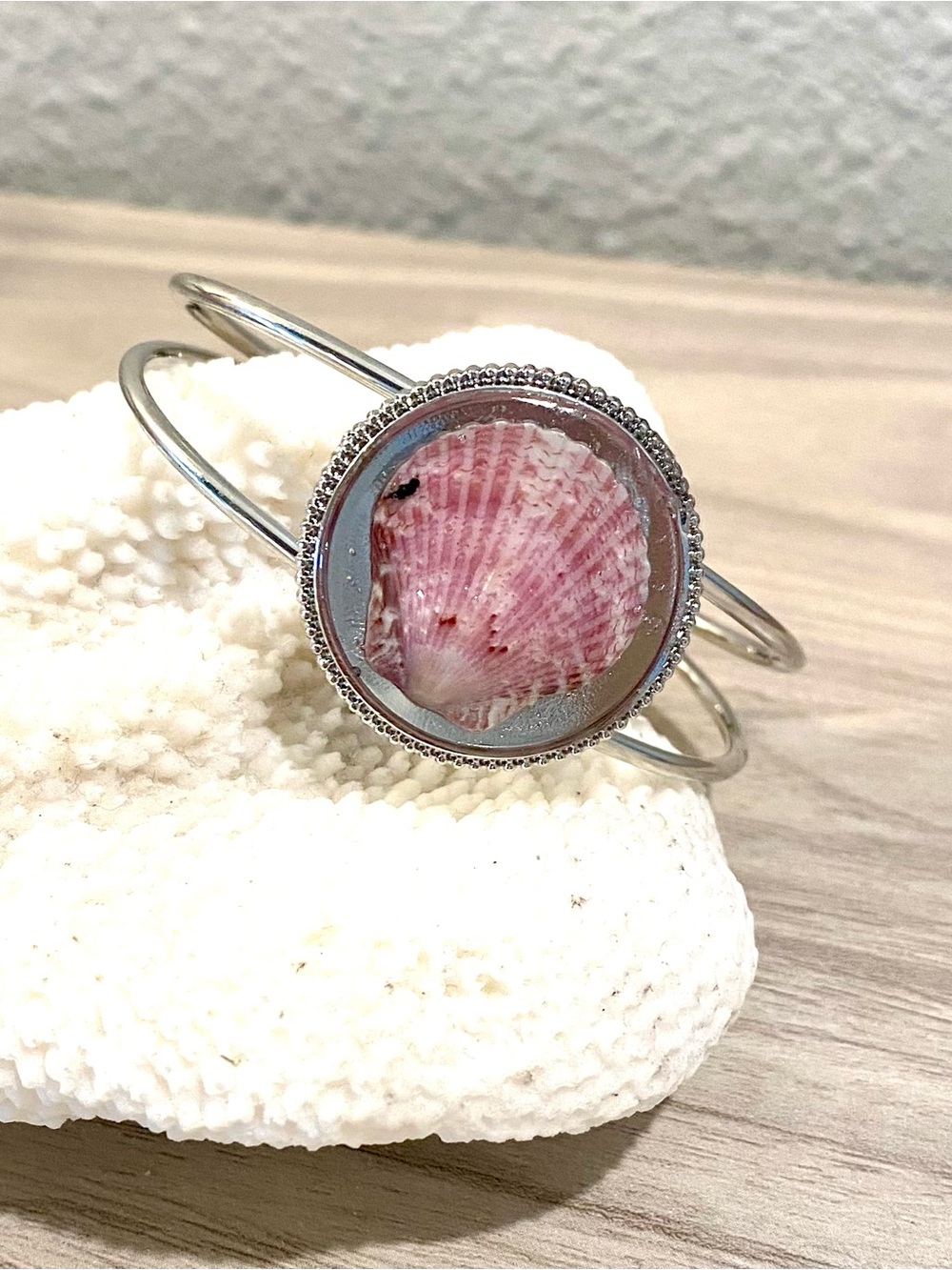 116. Silver Cuff Bracelet with scallop Seashell Accent from Sanibel island